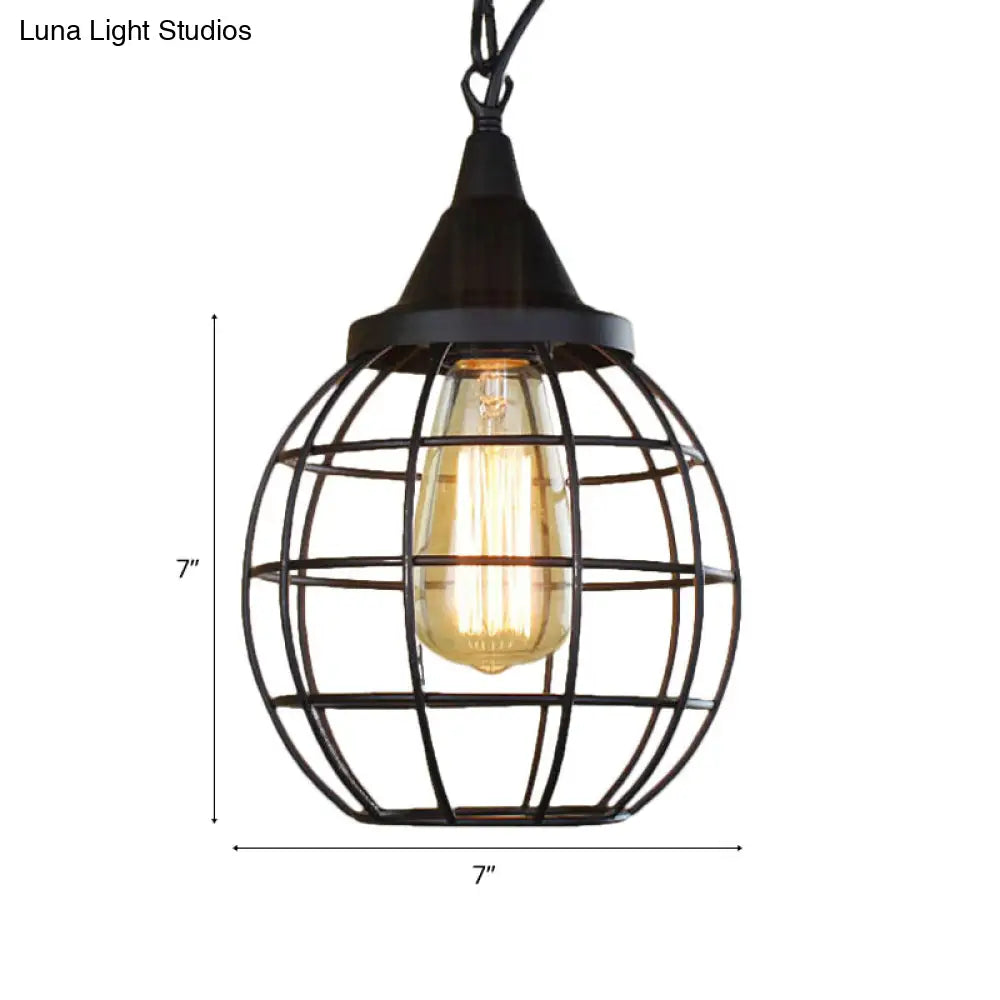 Farmhouse Style Metal Cage Pendant Light 6’/7’ Wide 1 Head Balcony Ceiling Fixture In Black