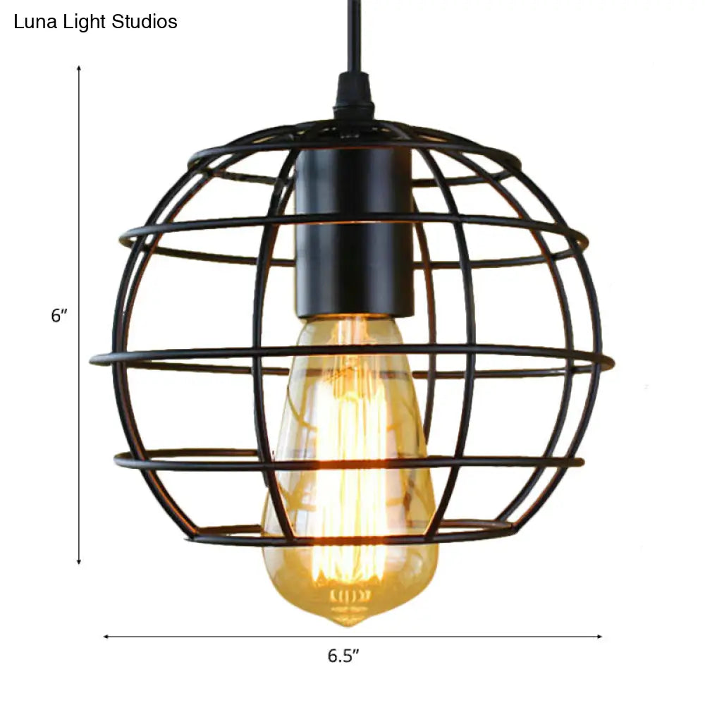 Farmhouse Style Metal Cage Pendant Light - 6/7 Wide Balcony Ceiling Fixture With Globe Shade In