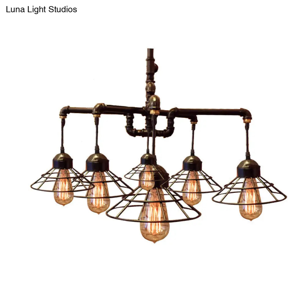 Farmhouse Style Metal 6-Light Black Pendant Chandelier With Cone Cage Shade - Dining Room Lighting