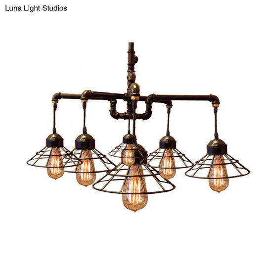 Farmhouse Style Metal 6-Light Black Pendant Chandelier With Cone Cage Shade - Dining Room Lighting