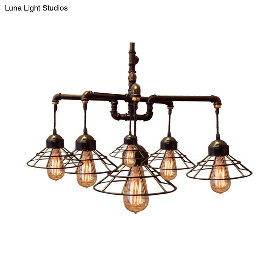 Farmhouse Style Metal Chandelier: 6-Light Black Pendant Lamp With Cone Cage Shade For Dining Room