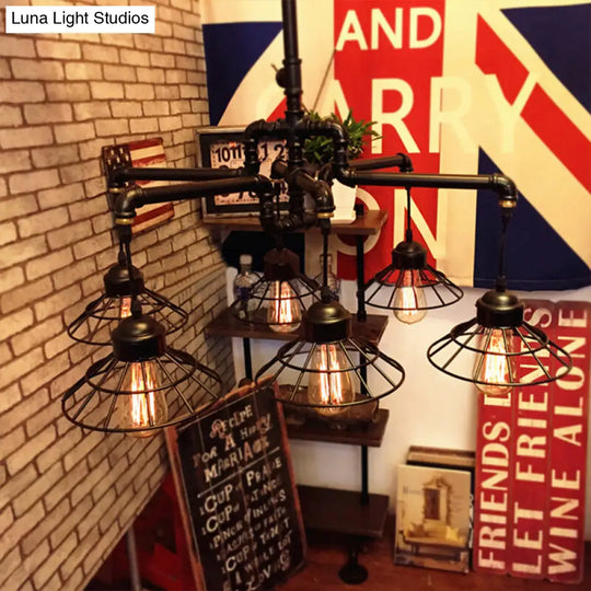 Farmhouse Style Metal 6-Light Black Pendant Chandelier With Cone Cage Shade - Dining Room Lighting