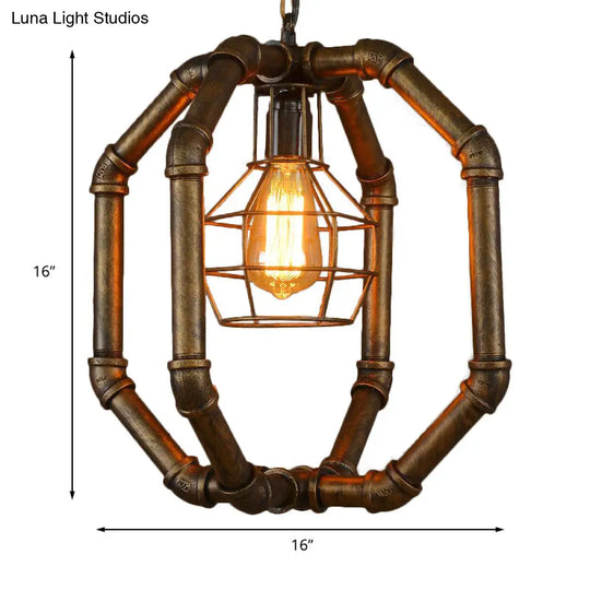Brass Water Pipe Hanging Lamp With Farmhouse Style & Inner Dome Cage Shade - Restaurant Ceiling
