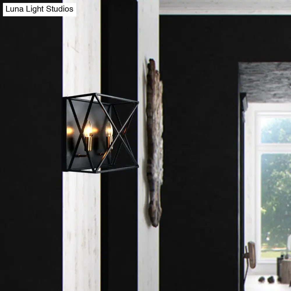 Farmhouse Style Metal Sconce Light Fixture - 2 Bulb Black Finish Wall Lamp With Wire Frame