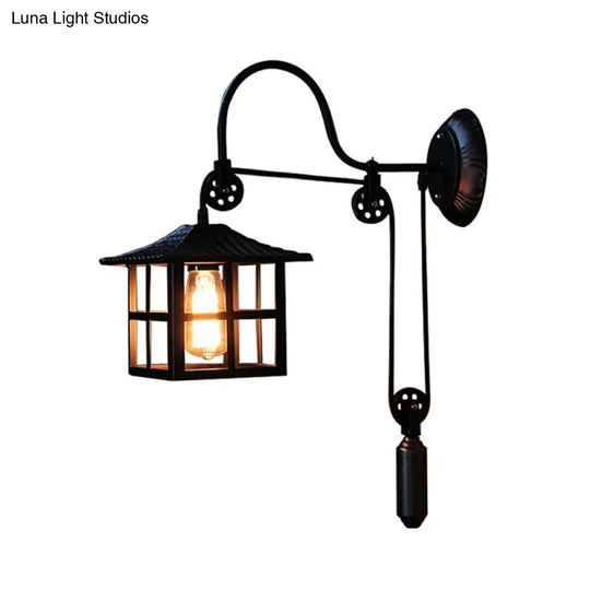 Farmhouse-Style Metal Wall Lamp With Pulley And 1 Light - Square/Rectangle Cage Indoor Décor In