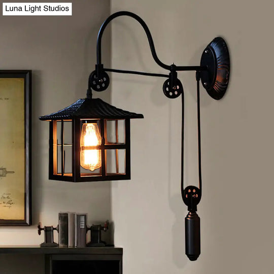 Farmhouse-Style Metal Wall Lamp With Pulley And 1 Light - Square/Rectangle Cage Indoor Décor In