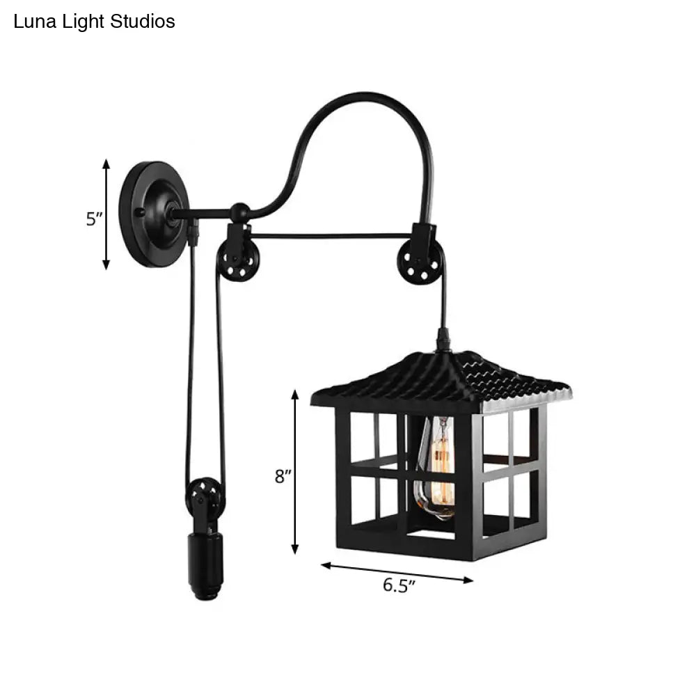 Farmhouse-Style Metal Wall Lamp With Pulley And 1 Light - Square/Rectangle Cage Indoor Décor In