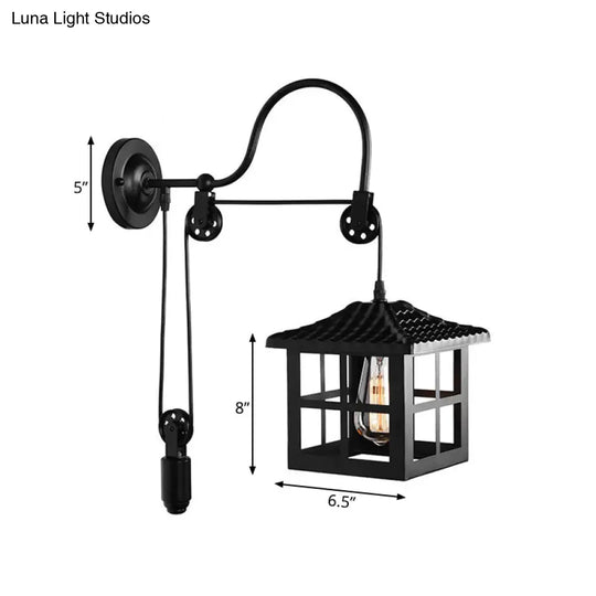 Farmhouse-Style Metal Wall Lamp With Pulley And 1 Light - Square/Rectangle Cage Indoor Décor In