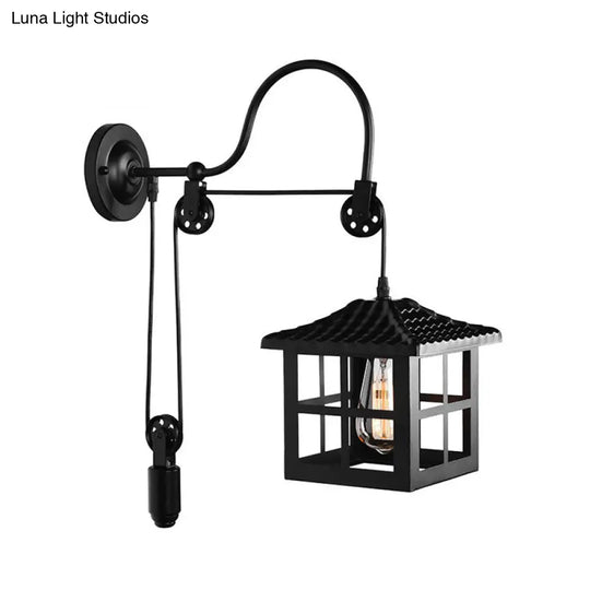 Farmhouse-Style Metal Wall Lamp With Pulley And 1 Light - Square/Rectangle Cage Indoor Décor In