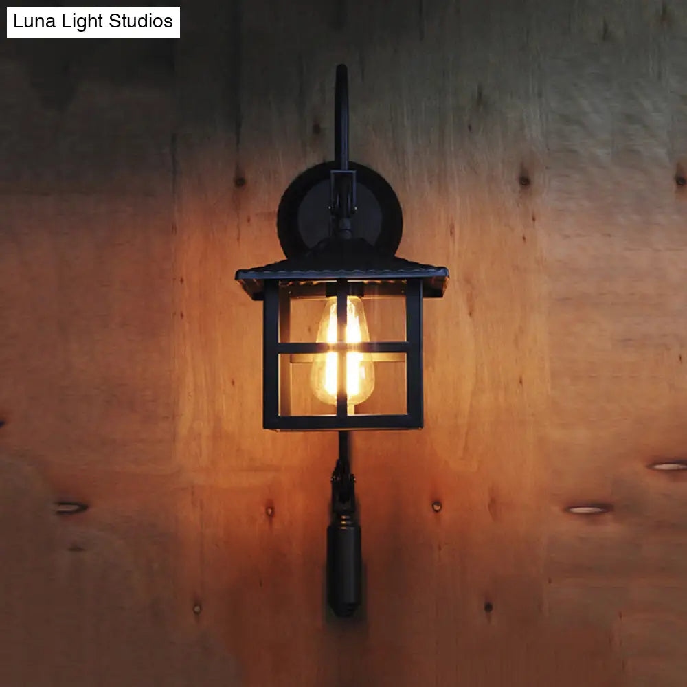 Farmhouse-Style Metal Wall Lamp With Pulley And 1 Light - Square/Rectangle Cage Indoor Décor In