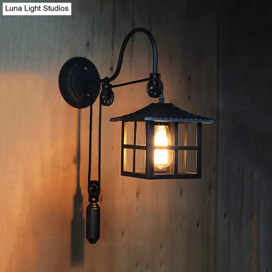 Farmhouse-Style Metal Wall Lamp With Pulley And 1 Light - Square/Rectangle Cage Indoor Décor In