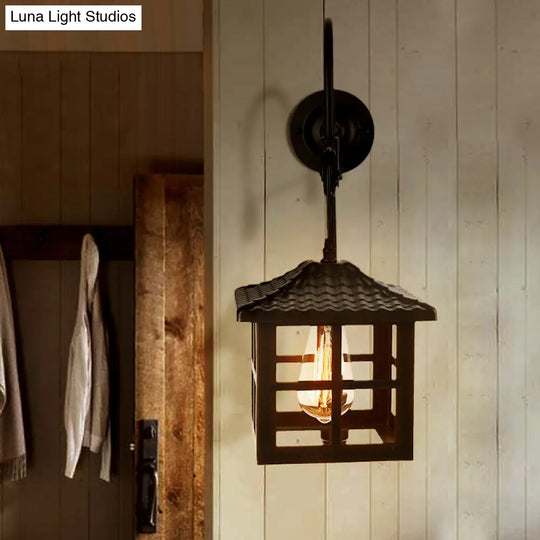 Farmhouse-Style Metal Wall Lamp With Pulley And 1 Light - Square/Rectangle Cage Indoor Décor In