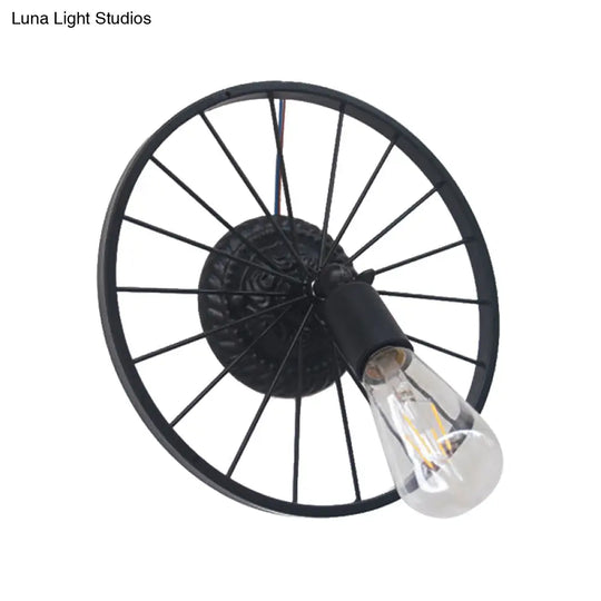 Farmhouse Style Metal Wall Sconce Lamp Black/Bronze Wheel Design With Open Bulb 1 Light Restaurant