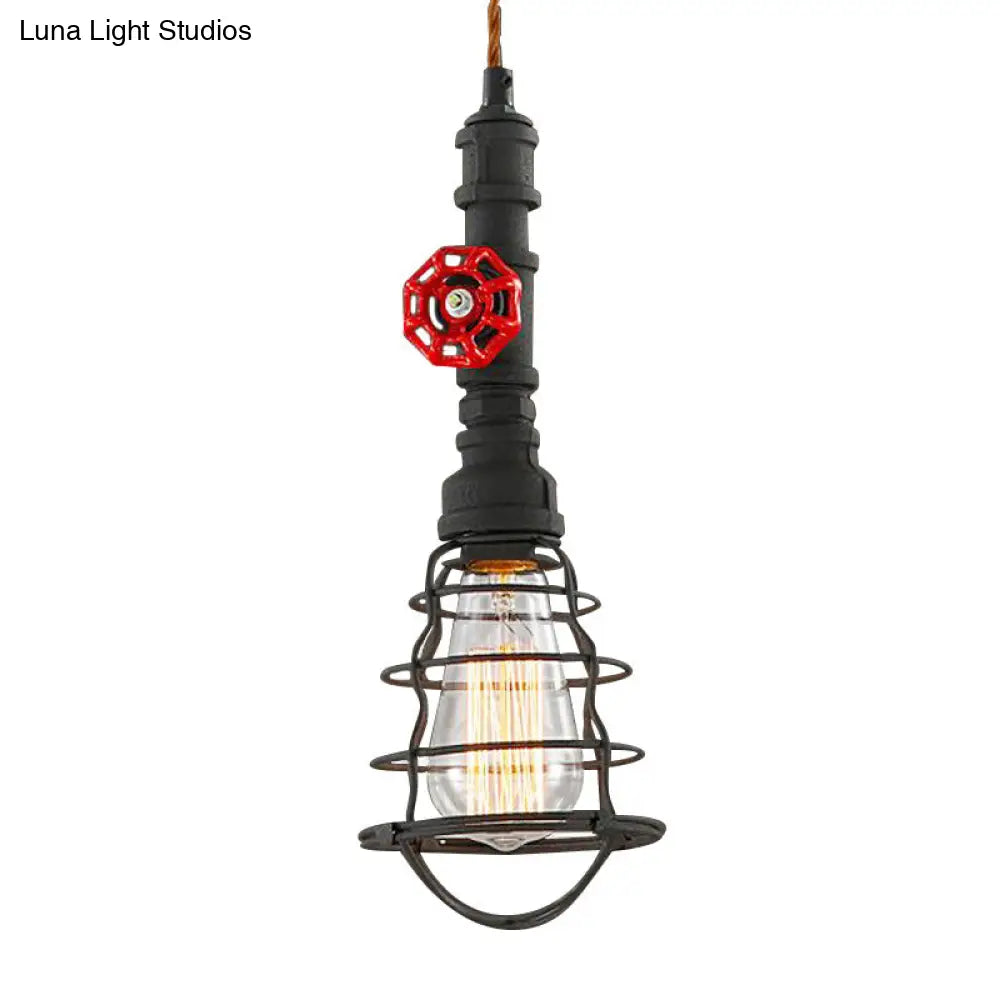 Farmhouse Style Metal Wire Cage Pendant Light With Valve Design - Black/Red Finish Indoor Hanging