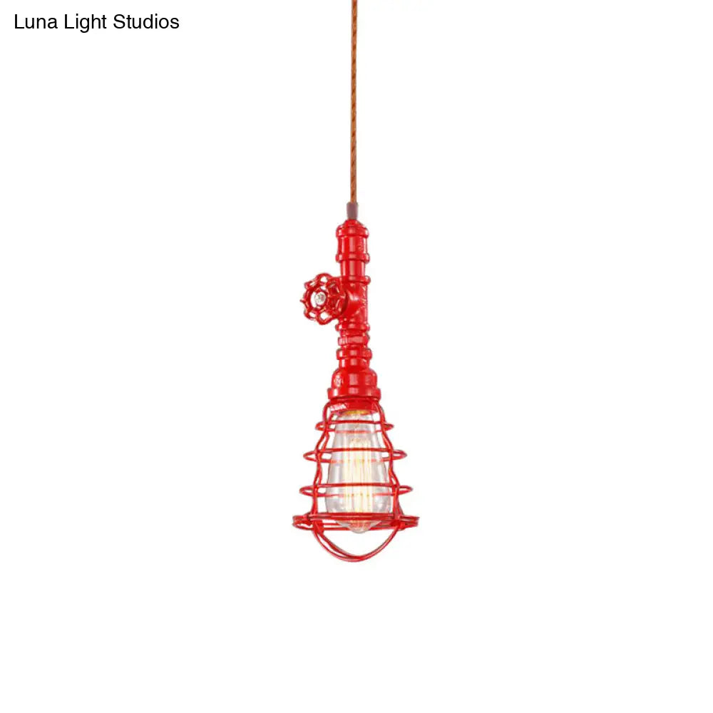 Farmhouse Style Metal Wire Cage Pendant Light With Valve Design In Black/Red Finish - Indoor