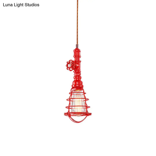 Farmhouse Style Metal Wire Cage Pendant Light With Valve Design In Black/Red Finish - Indoor