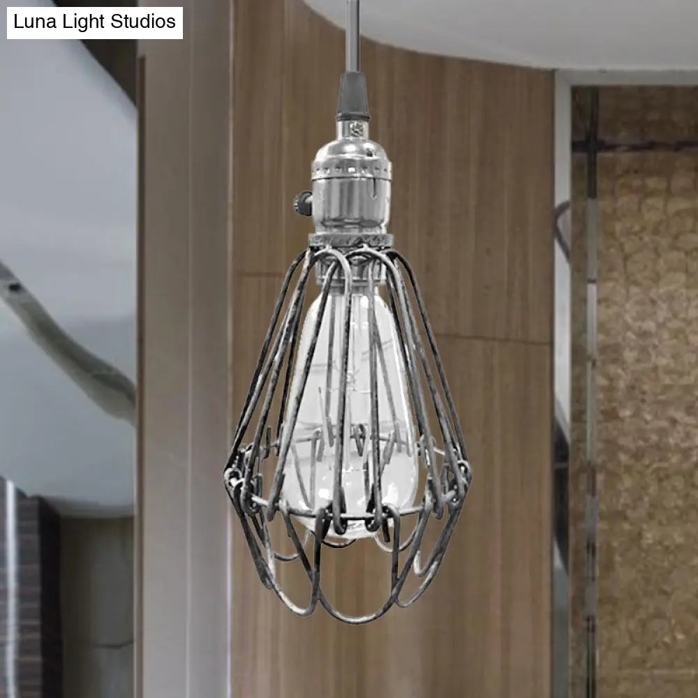 Farmhouse Style Metal Wire Frame Pendant Light - 1-Light Living Room Hanging Lamp In Aged