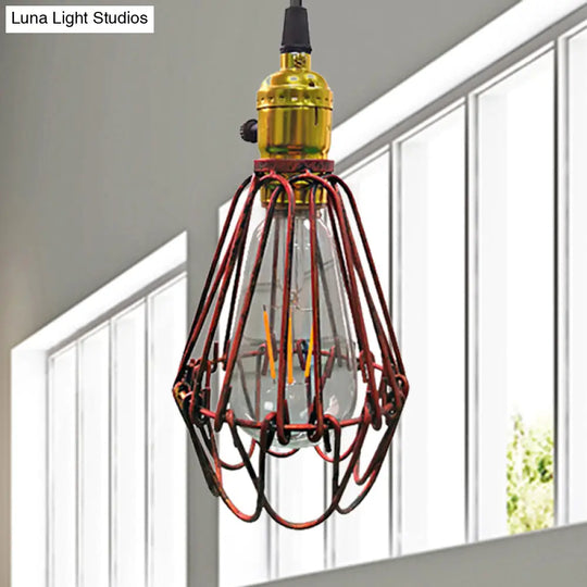 Farmhouse Style Metal Wire Frame Pendant Light - 1-Light Living Room Hanging Lamp In Aged