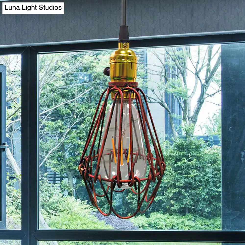 Farmhouse Style Metal Wire Frame Pendant Light - 1-Light Living Room Hanging Lamp In Aged