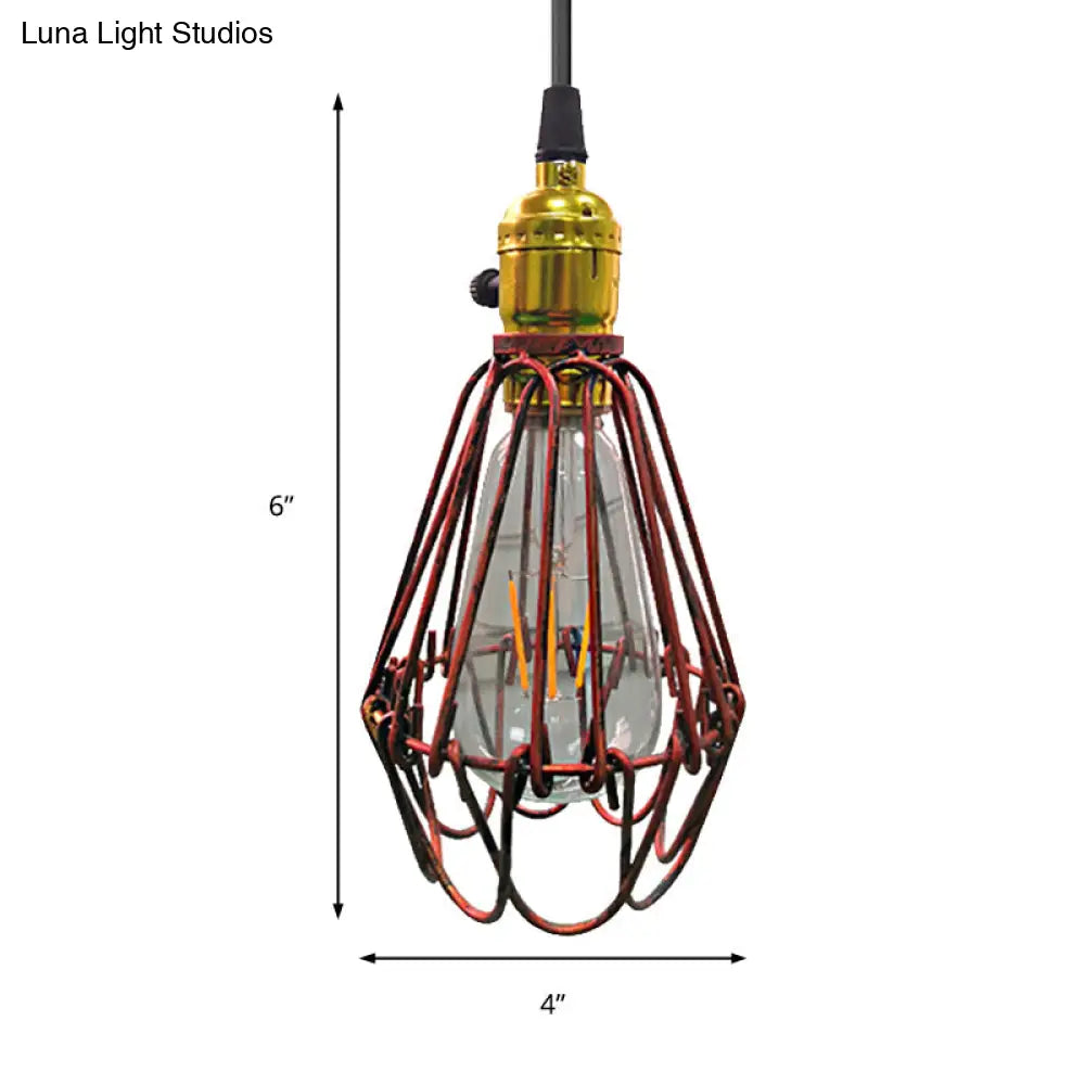 Farmhouse Style Metal Wire Frame Pendant Light - 1-Light Living Room Hanging Lamp In Aged