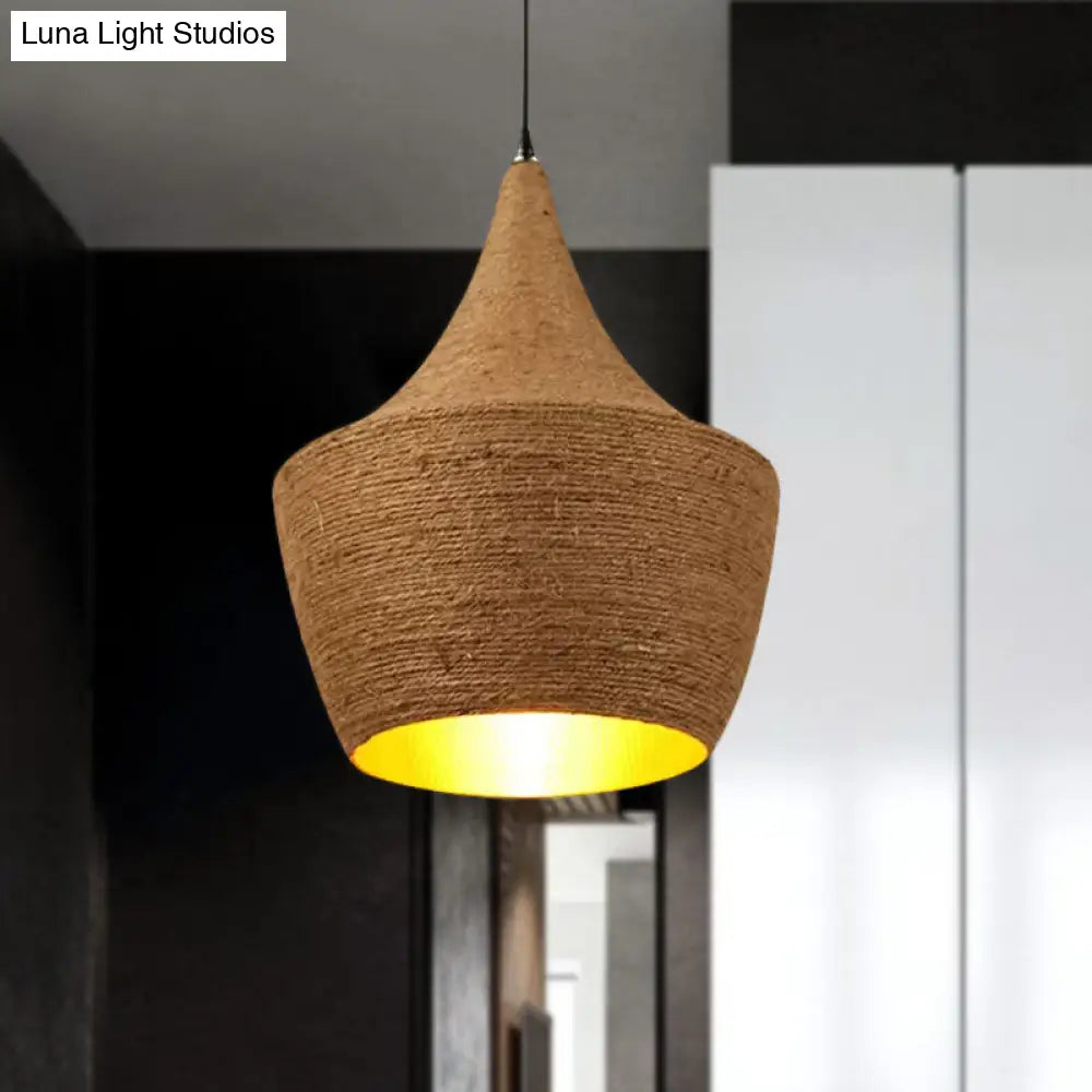 Farmhouse Style Hemp Rope Pendant Light With Shade - Brown Color For Restaurants And Kitchens