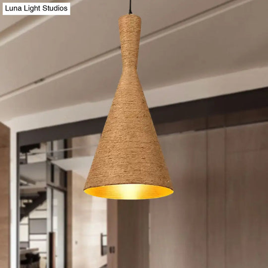 Farmhouse Style Hemp Rope Pendant Light With Shade - Brown Color For Restaurants And Kitchens