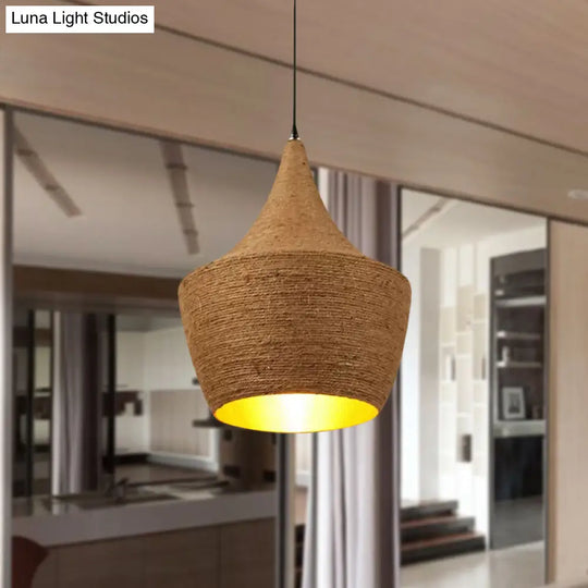 Farmhouse Style Hemp Rope Pendant Light With Shade - Brown Color For Restaurants And Kitchens