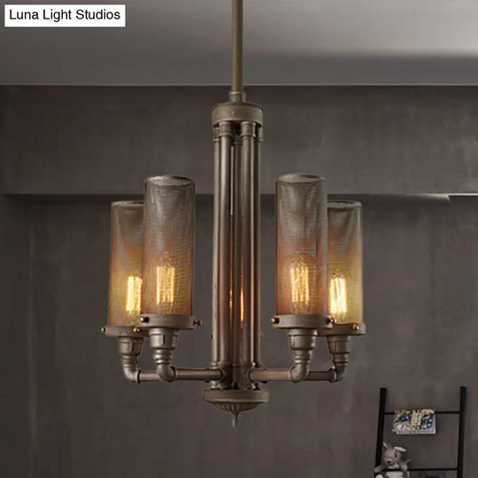 Farmhouse Style Pewter Iron Chandelier With Tube Lights And Mesh Cylinder Shade - 3/5/8 Available 5