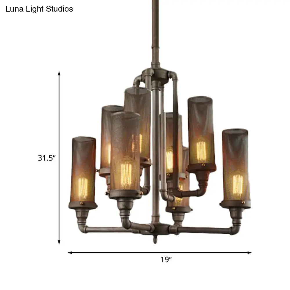 Farmhouse Style Pewter Iron Chandelier With Tube Lights And Mesh Cylinder Shade - 3/5/8 Available