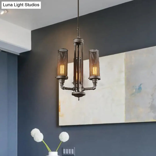 Farmhouse Style Pewter Iron Chandelier With Tube Lights And Mesh Cylinder Shade - 3/5/8 Available