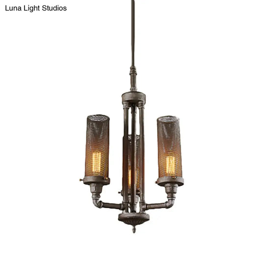 Farmhouse Style Pewter Iron Chandelier With Tube Lights And Mesh Cylinder Shade - 3/5/8 Available