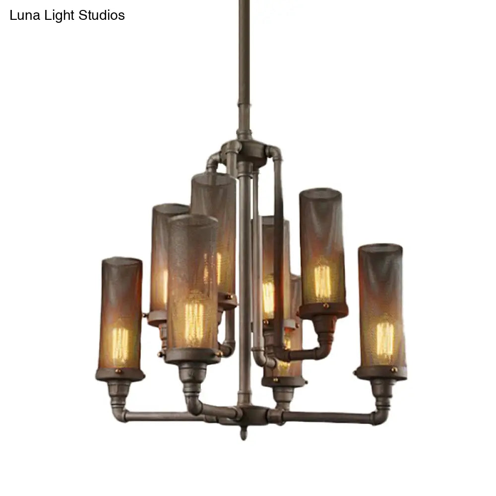 Farmhouse Style Pewter Iron Chandelier With Tube Hanging Lamp - 3/5/8 Lights Cylinder Mesh Shade