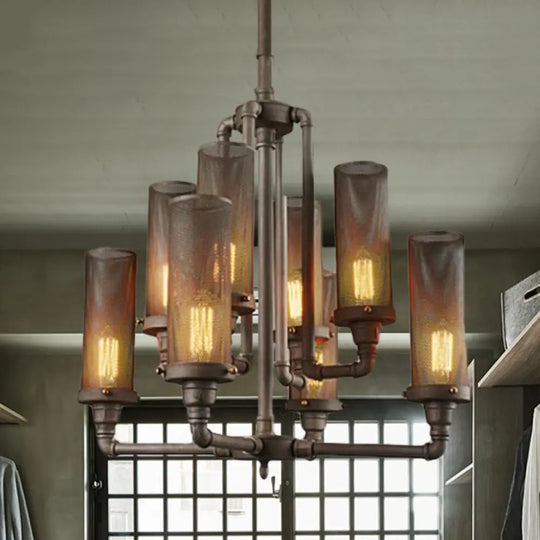 Farmhouse Style Pewter Iron Chandelier With Tube Hanging Lamp - 3/5/8 Lights Cylinder Mesh Shade 8 /