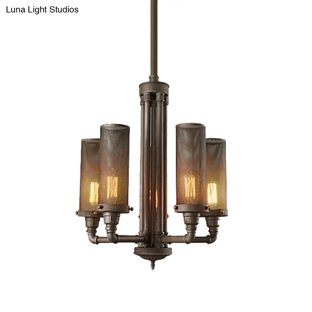 Farmhouse Style Pewter Iron Chandelier With Tube Lights And Mesh Cylinder Shade - 3/5/8 Available