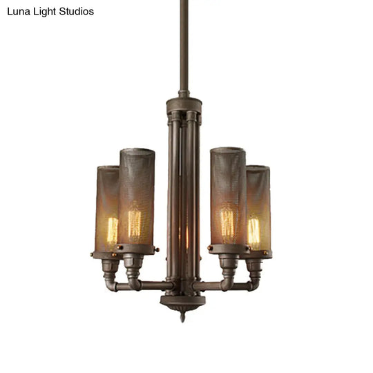 Farmhouse Style Pewter Iron Chandelier With Tube Hanging Lamp - 3/5/8 Lights Cylinder Mesh Shade