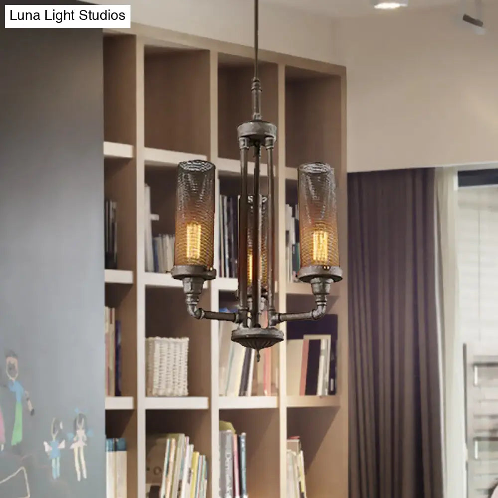 Farmhouse Style Pewter Iron Chandelier With Tube Lights And Mesh Cylinder Shade - 3/5/8 Available 3