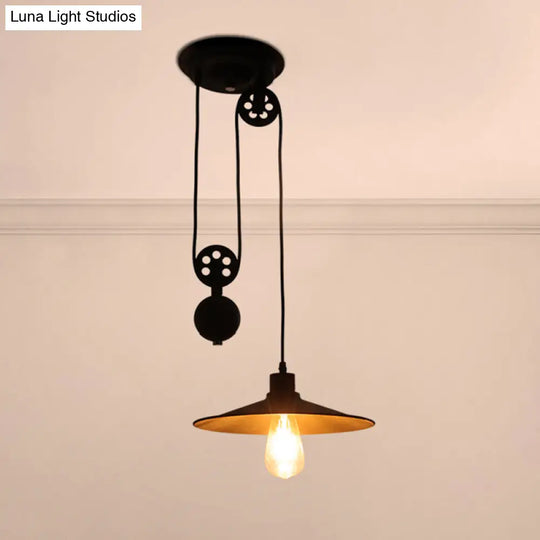 Farmhouse Style Black Metal Pendant Light With Pulley And Flared Shade For Indoor Use