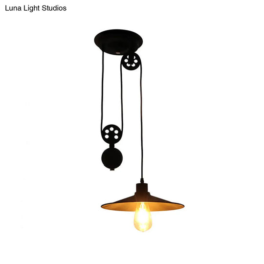 Farmhouse Style Black Metal Pendant Light With Pulley And Flared Shade For Indoor Use