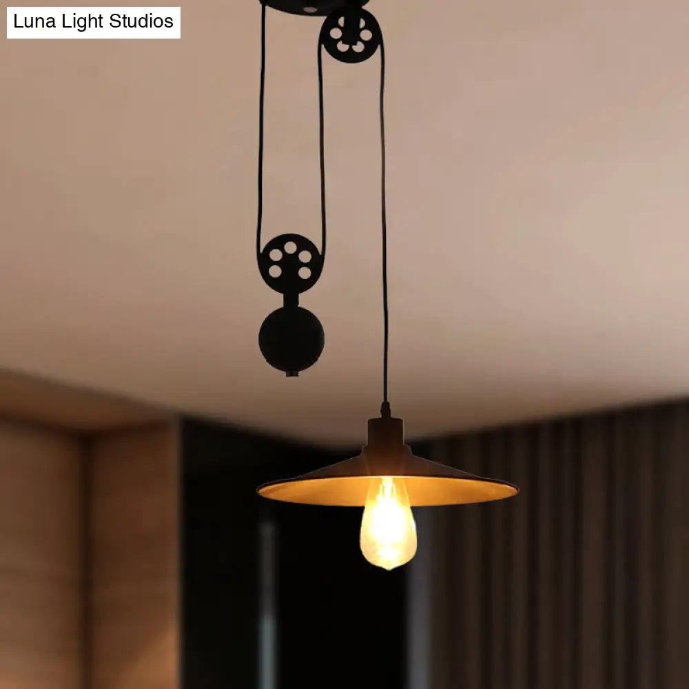 Farmhouse Style Pulley Pendant Light With Flared Shade - Black Metal Indoor Hanging Lamp