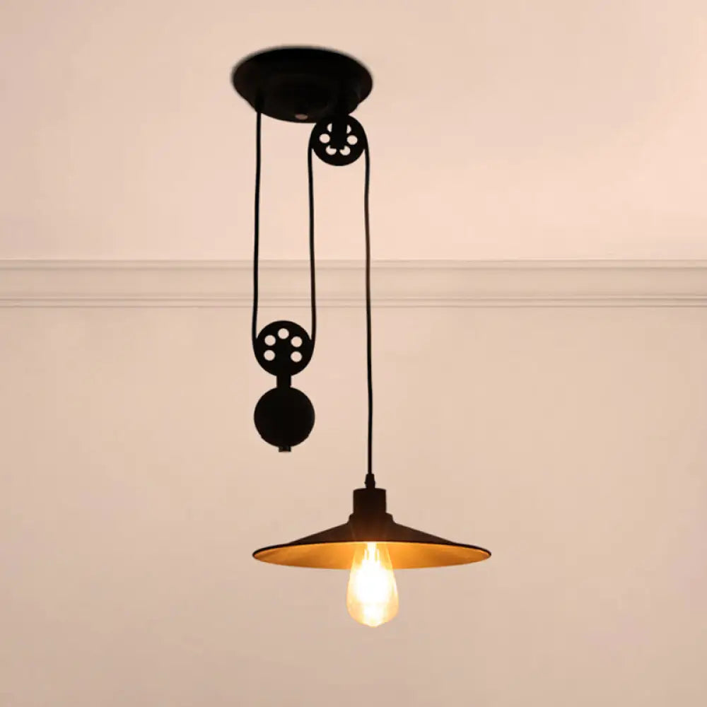 Farmhouse Style Pulley Pendant Light With Flared Shade - Black Metal Indoor Hanging Lamp