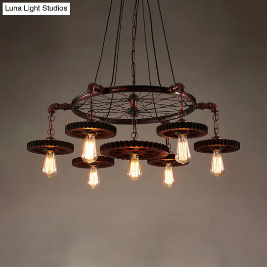 Farmhouse Style Rustic Chandelier Light With Exposed Bulbs - Gear Deco 3/5/7 Heads Ideal For Bars