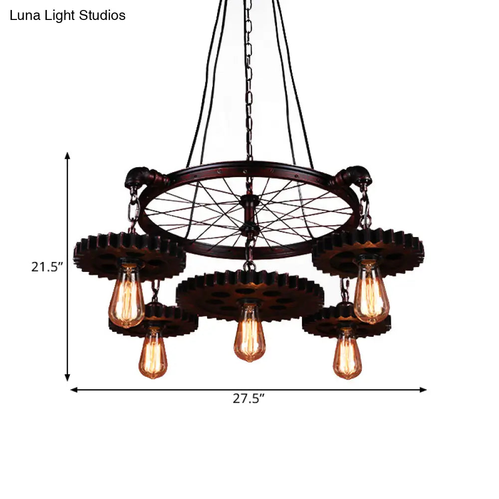 Farmhouse Style Rustic Chandelier Light With Exposed Bulbs - Gear Deco 3/5/7 Heads Ideal For Bars