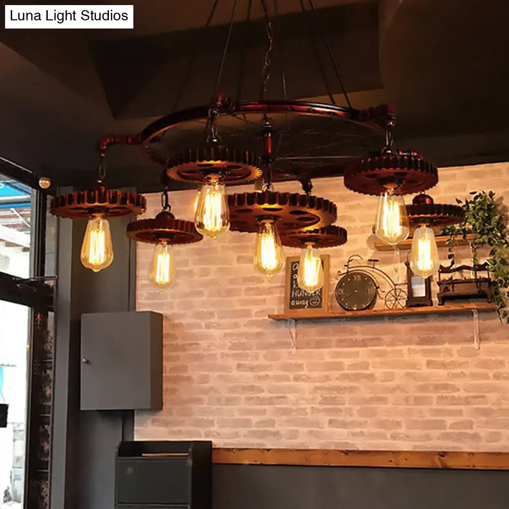 Farmhouse Style Rustic Chandelier Light With Exposed Bulbs - Gear Deco 3/5/7 Heads Ideal For Bars