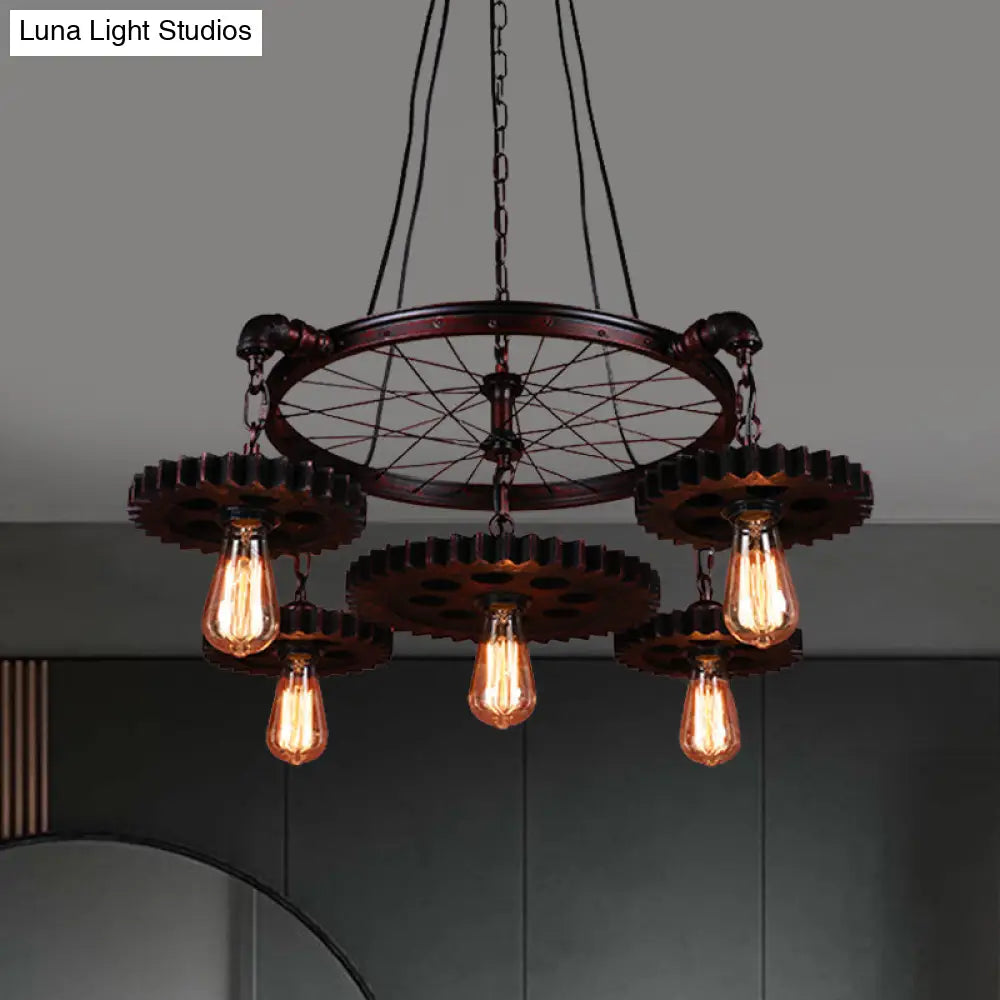 Farmhouse Style Exposed Bulb Chandelier Light - Rust Metallic Ceiling Lamp For Bar 3/5/7 Heads With