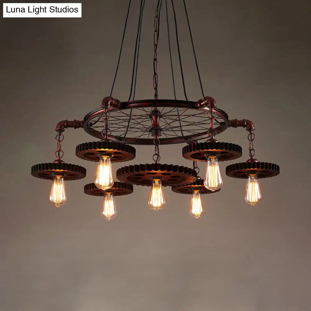 Farmhouse Style Exposed Bulb Chandelier Light - Rust Metallic Ceiling Lamp For Bar 3/5/7 Heads With