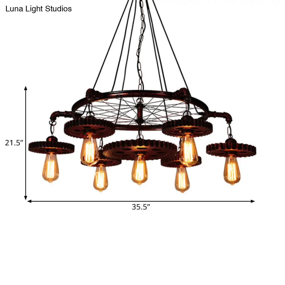 Farmhouse Style Rustic Chandelier Light With Exposed Bulbs - Gear Deco 3/5/7 Heads Ideal For Bars