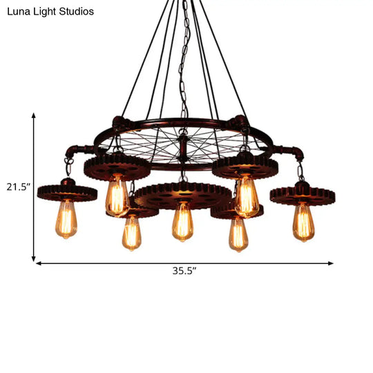 Farmhouse Style Rustic Chandelier Light With Exposed Bulbs - Gear Deco 3/5/7 Heads Ideal For Bars