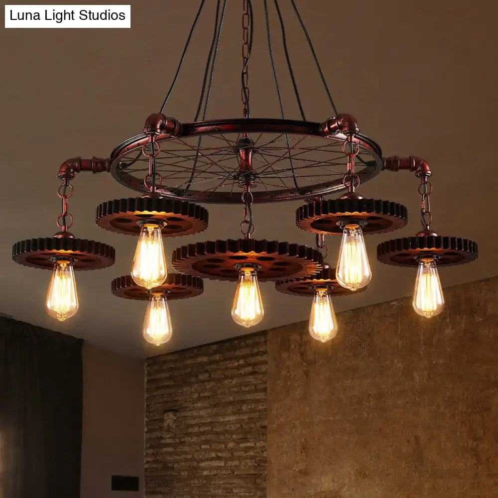 Farmhouse Style Exposed Bulb Chandelier Light - Rust Metallic Ceiling Lamp For Bar 3/5/7 Heads With