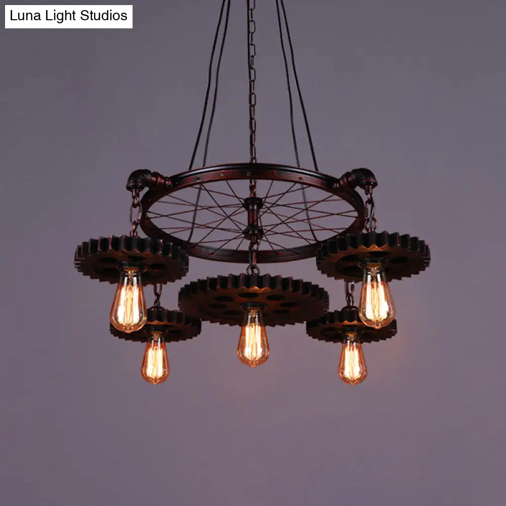 Farmhouse Style Rustic Chandelier Light With Exposed Bulbs - Gear Deco 3/5/7 Heads Ideal For Bars