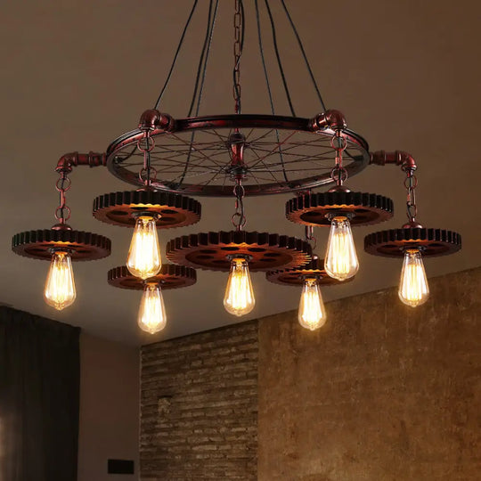 Farmhouse Style Rustic Chandelier Light With Exposed Bulbs - Gear Deco 3/5/7 Heads Ideal For Bars 7